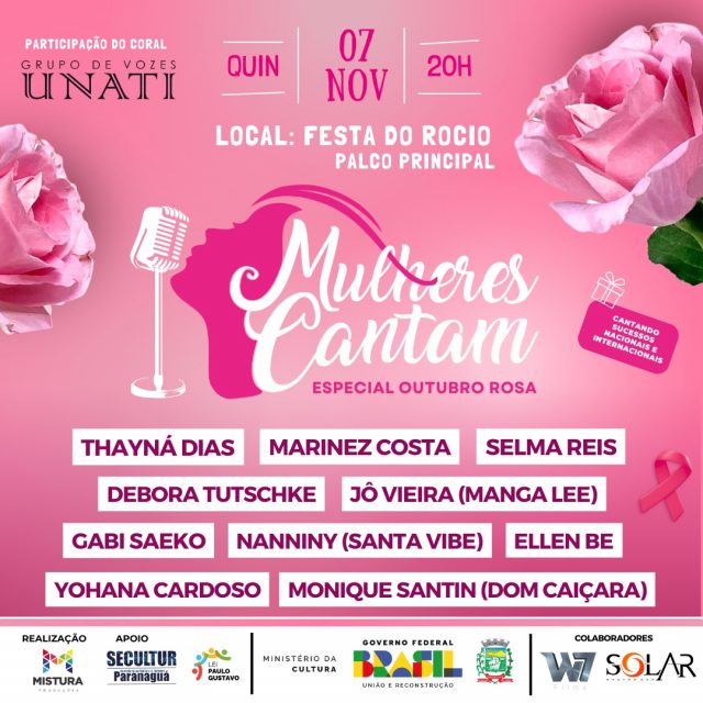 Evento “Mulheres cantam- Especial Outubro Rosa” acontece na Festa em Louvor a Nossa Senhora do Rocio nesta quinta-feira, 07